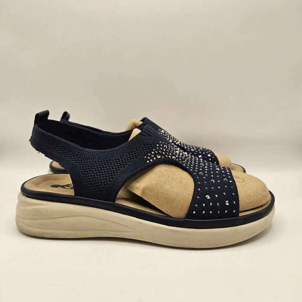 GC SHOES GOOD CHOICE WOMEN'S 6.5 STRETCH KNIT RHINESTONE SLINGBACK COMFORT NAVY